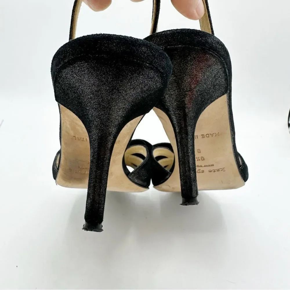 Kate Spade Metallic Black Leather‎ Slingback Stiletto Heels w/Bow Sz 9.5 B
